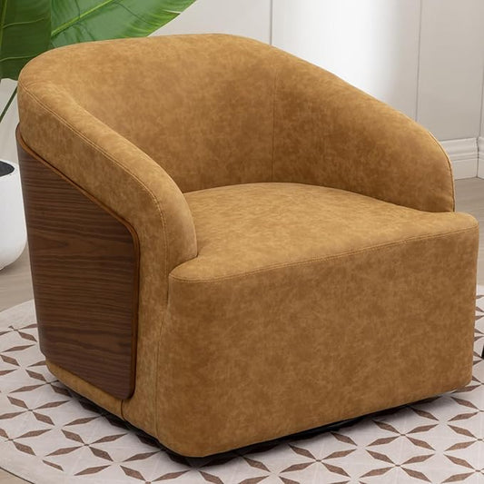 Swivel Accent Chair Faux Leather Swivel Barrel Chair Comfortable Mid Century Modern Chair Upholstered Metal Base Armchair for Living Room Bedroom Office Large Vintage Yellow