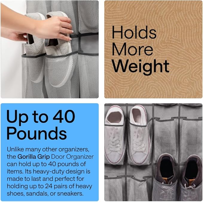 GORILLA GRIP Over the Door Shoe Organizer, 2 Pack, 24 Breathable Mesh Pockets, Space Saving Hanging Storage Holder, Closet Rack Hanger Holds Up to 40 lbs, Hangs on Closets, Shoes, Accessories, Gray