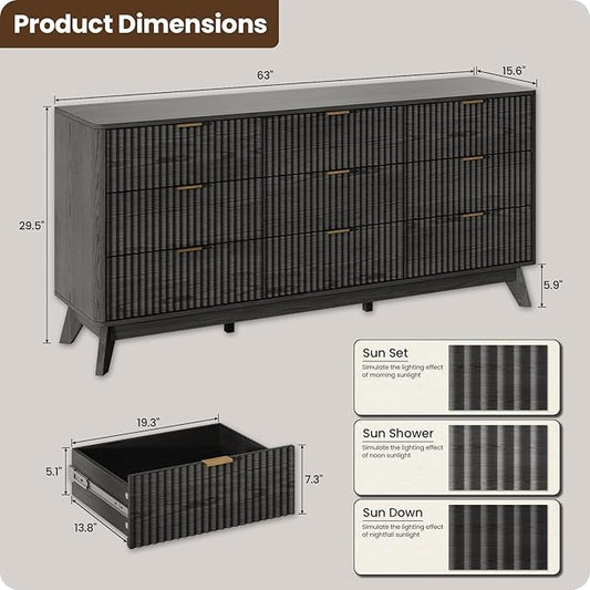 63'' Wide 9 Drawers Dresser for Bedroom,Modern Fluted Vertical Chest with Rounded Corners,Fluted Dresser for Living Room,Hallway, Black