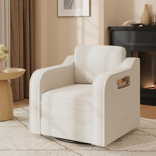 Swivel Accent Chair for Living Room, 30 Inches Barrel Upholstered Armchair, Cozy Modern Arm Chair Single Sofa for Bedroom, Apartment, Reading Room, White