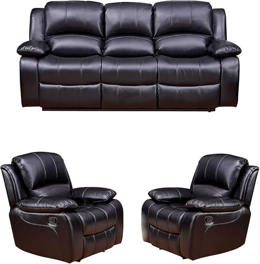 Betsy Furniture Black Bonded Leather Recliner Set, Sofa, Loveseat, Chair 8018