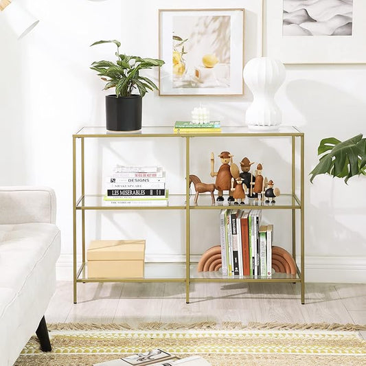 VASAGLE 39.4 Inch Console Table with 3 Shelves, Sofa Tables, Modern Entryway Table, Metal Frame, Tempered Glass Shelf, Entryway Living Room Bedroom, Metallic Gold and Transparent ULGT27G