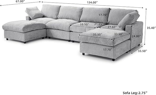 WJShome U Shaped Sectional Couch 134 Inch 4-Seater with 2 Ottoman Modern Modular Sofa,Chenille Deep Seat Couches for Living Room, Bedroom and Apartment，Gray