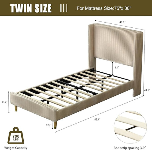 PINJU Twin Size Bed Frame, Upholstered Platform Bed with Modern Vertical Striped Wingback Headboard with Wooden Slats, Easy to Assemble No Noise Free (Beige, Twin)