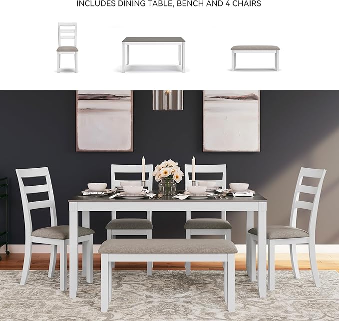 Signature Design by Ashley Stonehollow Casual Rectangular Dining Room Table Set with 4 Chairs and Bench, Set of 6, Foam Cushions, Wood, White and Gray