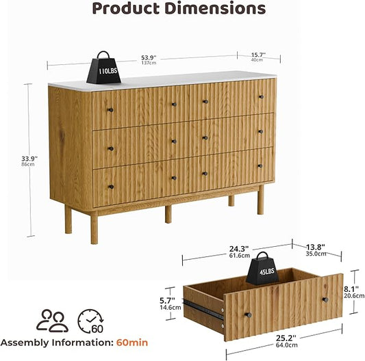 RECCI Fluted 6 Drawers Dresser for Bedroom, 54" Wide Chest of Drawers with 3D Fluted Panel, Faux Marble Top, Solid Wood Legs, Storage Drawers, TV Stand, Closet Chests for Bedroom, Natural Oak