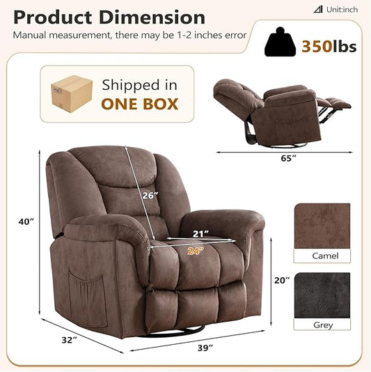 ANJ 2PCS Oversized Rocker Recliner Chairs Set, Manual 360° Swivel Recliners, Comfy Glider Rocking Chairs for Big Man, Extra Wide Overstuffed Reclining Chairs with Side Pocket for Living Room, Camel