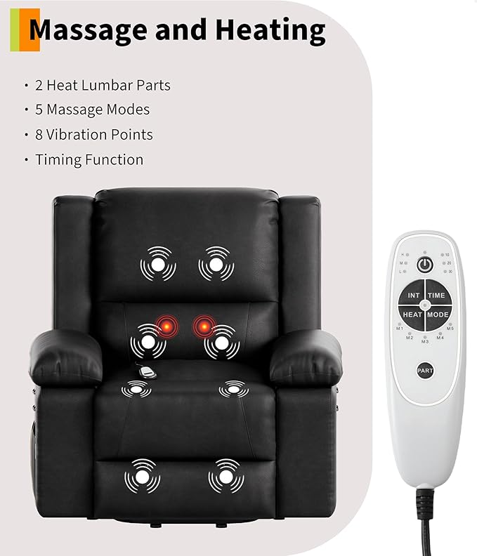GarveeHome Power Lift Recliner Chair - Heat and Massage, PU Leather, Adjustable Back and Legs, Electric Lift Chair Designed for The Elderly and People with Mobility impaired
