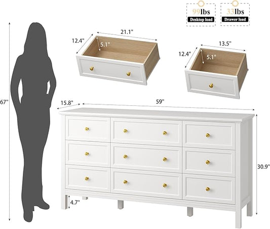 LYNSOM White Dresser for Bedroom with 9 Drawers, Modern Wide Chest of Storage Drawer with Gold Handles, TV Stand Dresser, Wood Dressers for Bedroom, Living Room, Hallway, Entryway, 59’’