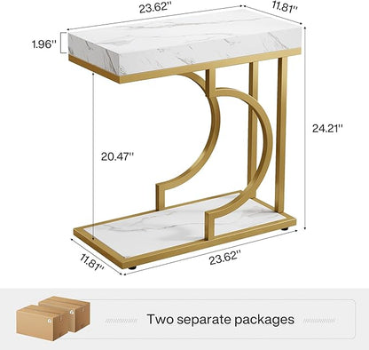 Tribesigns Narrow Side Table White Gold C Shaped End Table Modern Small Bedside Tables for Couch, Sofa Chairside Tables with Metal Frame for Living Room (2, White+Gold)