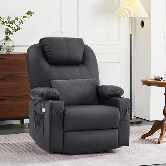 MCombo Dual Motor Large Power Lift Recliner Chair for Elderly, Lay Flat Lift Chair with Heat and Massage, Big Lift Recliner for Tall People, Faux Leather 7815 (Black, Large)