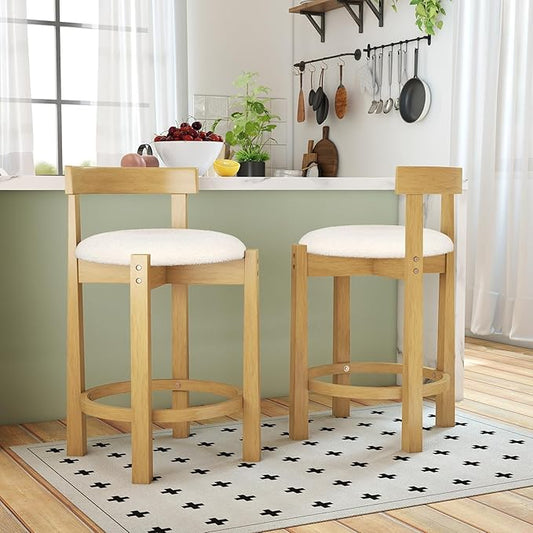 COSTWAY 24'' Counter Height Bar Stools Set of 2, Teddy Velvet Upholstered Bar Chairs with Backrests and Footrests, Wood High Barstools for Kitchen Island and Dining Room (Natural)