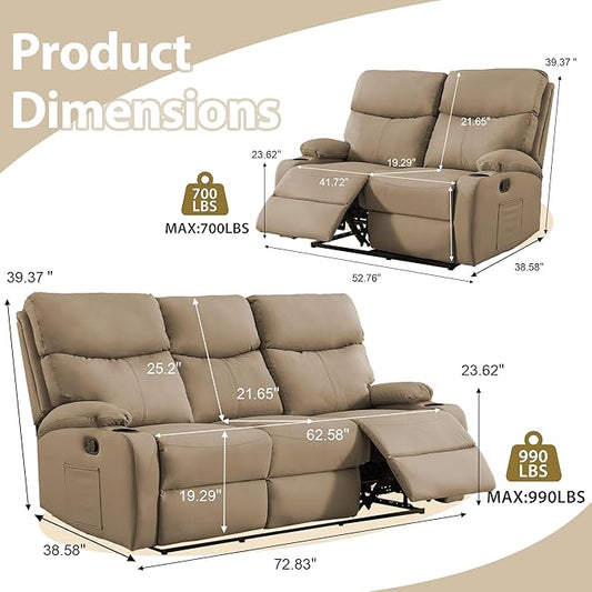 Manual Recliner Sofa Set Anti-Scratch 3 Seats Reclining, Sofa Couches with Side Pocket and Cupholders Wall Hugger Leather Couch for RV Living Room Home Theater Bedroom Apartment