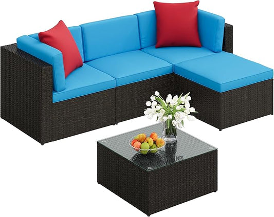 JUMMICO 5 Pieces Patio Furniture Set, Outdoor Sectional Sofa Conversation Sets, Couch Rattan Chair Wicker with Ottoman Cushion, Glass Tea Table and Pillows for Backyard Porch Garden Pool Balcony,Blue
