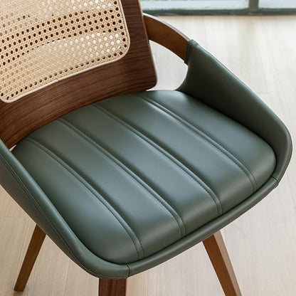 Set of 2 Green Rattan Dining Chairs - Mid Century Modern Dining Chairs with Walnut Bentwood Frame, Ergonomic Rattan Back, Curved Arms, Versatile for Living Room/Conference/Kitchen (Walnut Green)