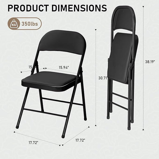 SEALAMB 4 Pack Black Folding Chairs with Padded Seats & Cushion, Durable Metal Foldable Chairs for Wedding Party, Commercial Chairs for Office School Church Events, 330lb Capacity (Black-PU, 4 Pack)