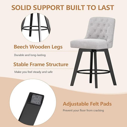 MINCETA Bar Stools Set of 4, 26 Inch Upholstered Barstools with Low Tufted Back and Footrest, Swivel Counter Height Barstools for Kitchen Island Home Bar Performance Fabric Greige