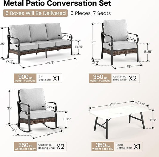 6 Piece Metal Outdoor Patio Furniture Set, Patio Conversation Set with 1 3-Seater and 2 Fixed Sofas, 2 Rocking Sofas with 5.75" Cushion & Coffee Table, Black and Light Gray
