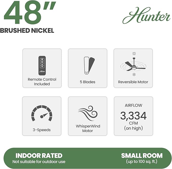 Hunter Fan 48 inch Low Profile Brushed Nickel Ceiling Fan with LED Light Kit and Remote Control (Renewed)