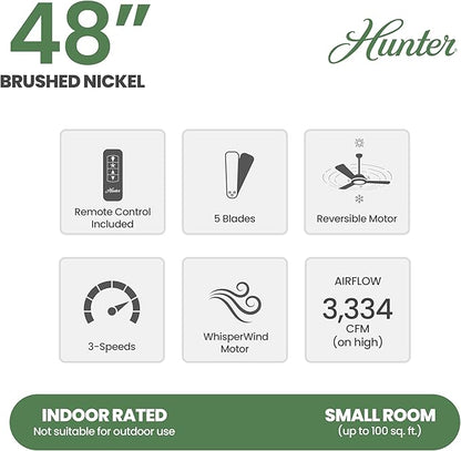Hunter Fan 48 inch Low Profile Brushed Nickel Ceiling Fan with LED Light Kit and Remote Control (Renewed)
