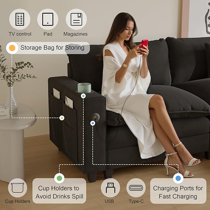 Cloud Couch, Modular Sectional Sofa with Ottoman, Charging Station, Throw Pillows, Cup Holders, Modern Convertible L Shaped Couches for Living Room, Bedroom (Classic Black, 116"- L Shape)
