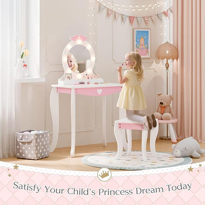 MU Kids Vanity Set with Lighted Mirror and Stool, Kids Make Up Vanity Desk with Storage Space, Wing Pattern for Little Girls, Toddler Princess Makeup Dressing Table with Chair Set, White