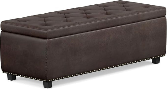 SIMPLIHOME Hamilton 48 inch Wide Transitional Rectangle Storage Ottoman in Distressed Brown Vegan Faux Leather, Assembled, For the Living Room, Entryway and Family Room