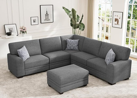 Wanderwell Oversized Modular Sectional Sofa, 6-Seater U Shaped Couches with Movable Ottoman,Corduroy Sectional Couch with Wide and Deep Seats Suitable for Living Room,Bedroom,Apartment (Grey, L-6)