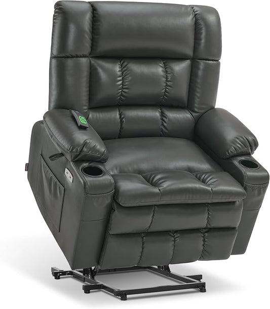 MCombo Dual Motor Power Lift Recliner Chair for Elderly, Lay Flat Lift Chair with Heat and Massage, Petite Wide Lift Chair, Cup Holders, USB A&C Ports, Faux Leather R7894 (Grey, Small-Wide)