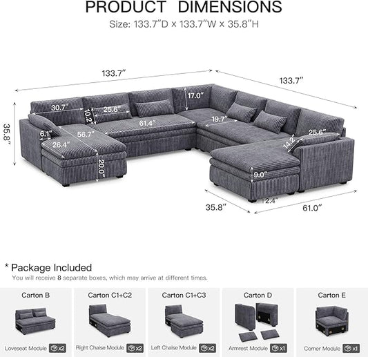 Belffin Large Modular Sectional Sofa with Double Deep Chaise and Loveseat, Corduroy U Shape Couch with 9" Soft Dual-Layer 9 Seats Cushion for Living Room, Apartment, Light Grey