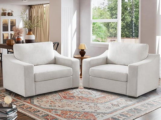 ELUCHANG 47" W Oversized Accent Chair Set of 2, Linen Fabric Modern Armchair, Washable Covers, Comfy Upholstered Large Chair Armchair Sofa Chair Reading Chair for Living Room Bedroom Office, Ivory
