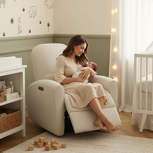 Watson & Whitely Power Recliner Chairs, Swivel Nursery Recliner Glider with Pillow Lumbar Support & Solid Wood Base for Living Room, Cream
