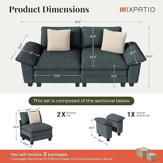 87" Cloud Modular Sectional Loveseat, 2-Seater w/Deep Seat & Removable Arms, Plush Chenille for Small Living Room & Apartment - Cyan
