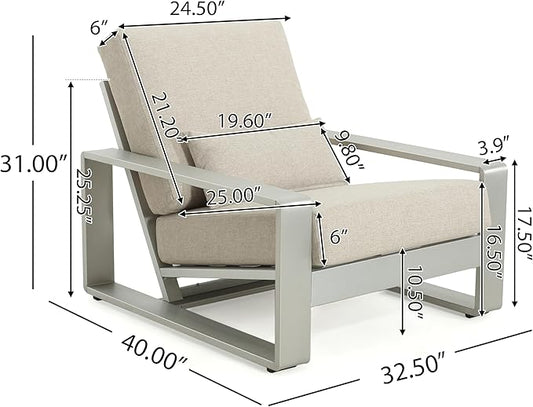 Christopher Knight Home Aspen Outdoor Aluminum Club Chair, Durable Aluminum Lounge Chair, Armchair with Cushions, Metal Accent Chair, Tilt Backrest Recliner for Backyard, Garden, Balcony, Silver+Beige