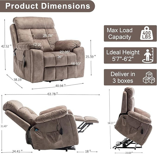 Oversized Lift Recliner Chairs for Elderly, 26in Extra Wide Power Chair with Massaga and Heating, Large Electric Lay Flat Recliners Sofa for Big and Tall Adult Lounging, Velvet Light Brown
