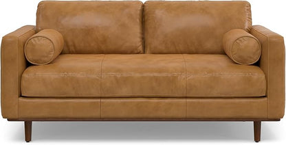 SIMPLIHOME Morrison 72-inch Wide Sofa in Sienna Top Grain Genuine Leather, Mid-Century Modern-Style Loveseat for Living Room, Single Bench Cushion, Removable Back Cushions, 2 Bolster Pillows