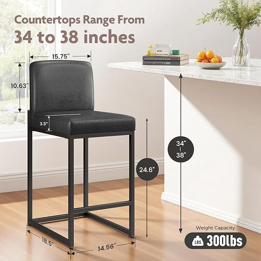 ALPHA HOME 24 Inch Bar Stools, Kitchen Counter Stools with Backs, Black Bar Stools Set of 4, PU Leather Barstools, Kitchen Stools with Back&Upholstered Footrest, Sturdy Chromed Metal Steel Frame