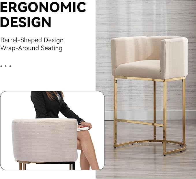 Contemporary Cream Linen Bar Stool, 29" Upholstered Fabric Counter Height Barstool Kitchen Counter Island Stool with Golden Metal Base