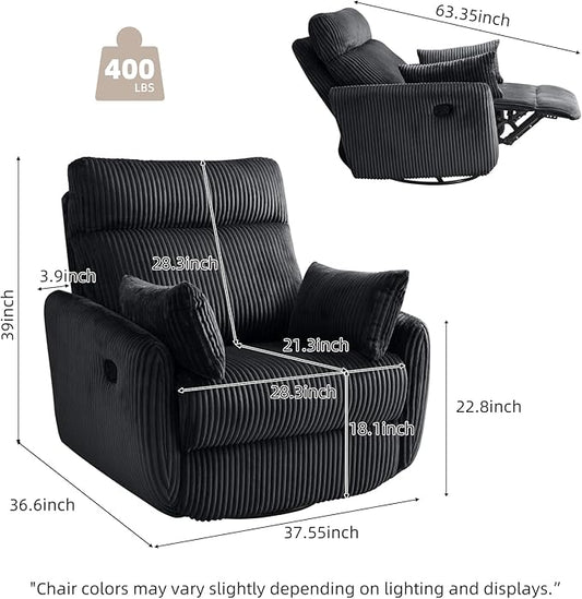 Swivel Recliner Chair for Adults, Corduroy Nursery Glider Rocking Chair, Armchair with 2 Pillows, Comfy High Back Reclining for Small Spaces, Nursery Bedroom Living Room (Corduroy Black, 1 Pack)