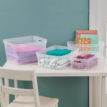 Sterilite 5.25 x 12.25 x 15 Inch Medium Modern Storage Bin w/Comfortable Carry Through Handles & Banded Rim for Household Organization, Clear 16 Pack