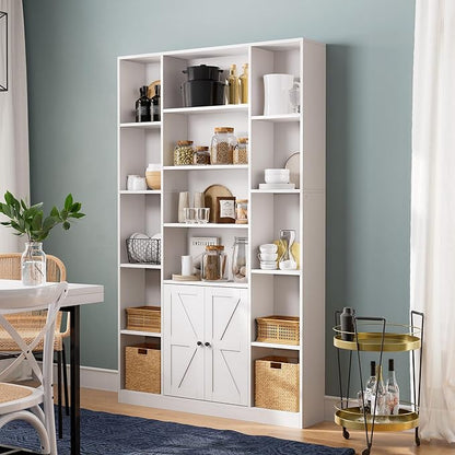 MXV 74" Tall Bookshelf, White Bookcase with Doors and Storage Space, Large Display Shelf for Home & Office, Living Room, Bedroom, Kitchen
