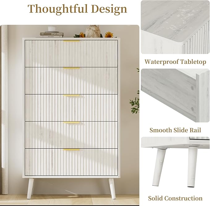 LYNSOM Fluted Dresser and Nightstand Sets 3 Piece, 5-Drawers Dresser and 1-Drawer Nightstands Set of 2, Wood Bedroom Furniture Set for Home, Bedroom, Hallway, White