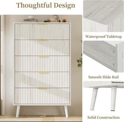 LYNSOM Fluted Dresser and Nightstand Sets 3 Piece, 5-Drawers Dresser and 1-Drawer Nightstands Set of 2, Wood Bedroom Furniture Set for Home, Bedroom, Hallway, White
