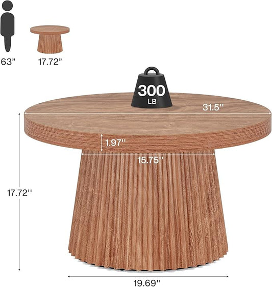 Tribesigns Coffee Table, 31.5" Small Farmhouse Round Coffee Tables with Fluted Drum Base, Mid Century Modern Farmhouse Accent Center Table for Living Room, Apartment, Small Space, Walnut