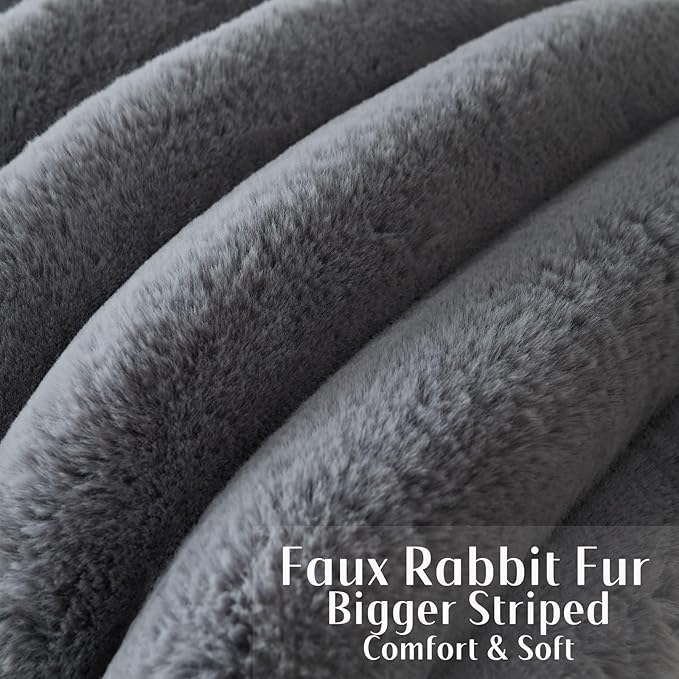 FUTEI Grey Decorative Throw Pillow Covers 22x22 Inch Set of 2, Square Soft Faux Rabbit Fur Thick Striped Cushion Cover,Winter Home Decor for Couch Bed Living Room
