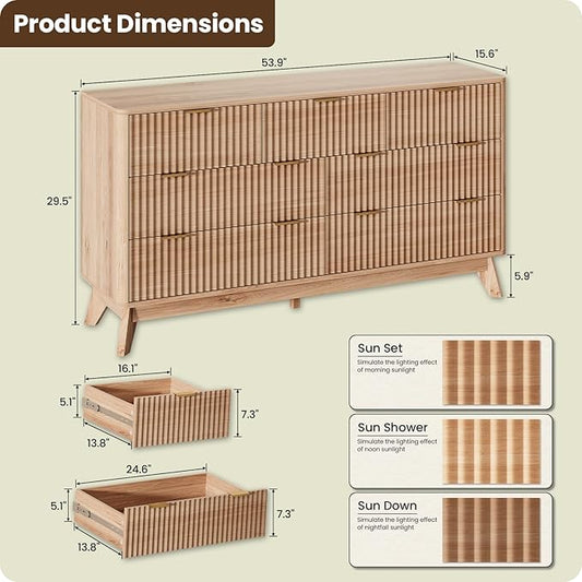 54'' Wide 7 Drawers Dresser for Bedroom,Modern Fluted Vertical Chest with Rounded Corners,Fluted Dresser for Living Room,Hallway, Natural Wood