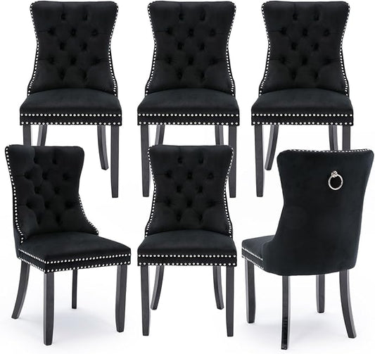 Velvet Upholstered Dining Chairs Set of 6, Modern Style Kitchen Side Chairs with Nailhead Trim and Wood Legs,Metal Pulling Ring for Dining Room Living Room(Black,Set of 6)