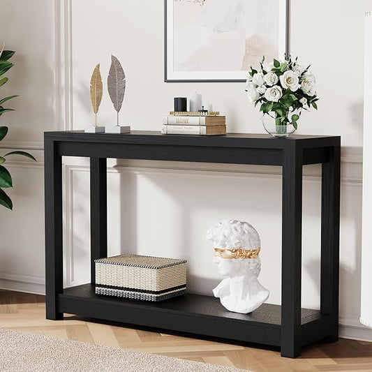 47" Entryway Table, Long Narrow Console Table with Shelves, Farmhouse Wood Sofa Table Behind Couch, Rustic Entry Table for Hallway, Living Room or Foyer, Black