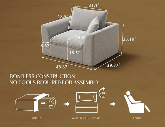 48.6" Single Sofa, Small Boneless Couches for Living Room, Cloud Couch for Bedroom, Office, Light Grey