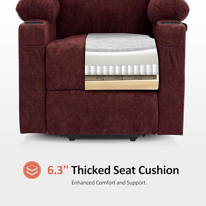 MCombo Power Lift Recliner Chair for Elderly, Lift Chair with Heat and Massage for Tall People, USB&Type C Ports, Extended Footrest, Cup Holders, Fabric 7516(Large,Sangria)